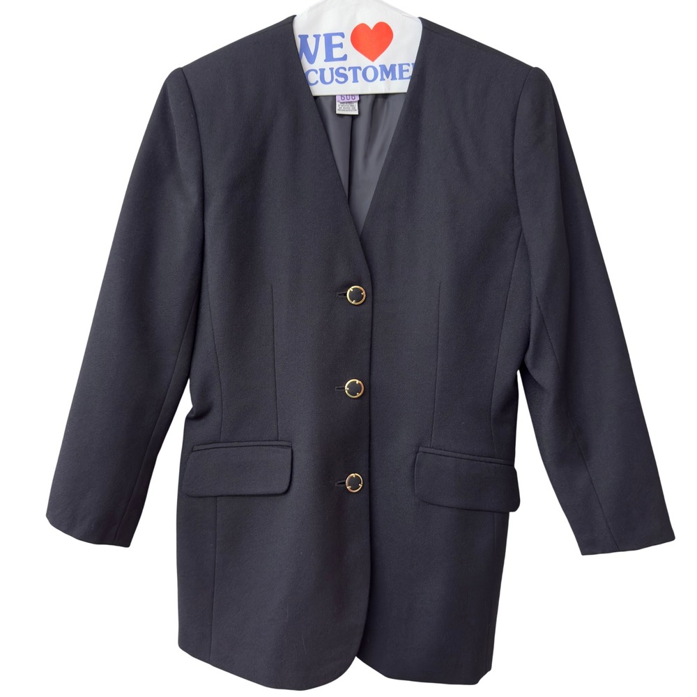 Vintage En Avance Womens Wool Blazer Size 4 Gold Buttons Career Jacket Black